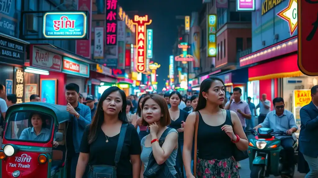 Travelers vigilant on a nightlife street for violent crime prevention in Thailand