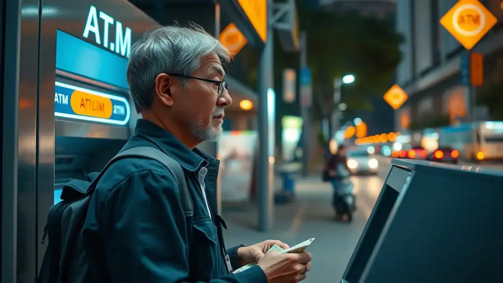 Mature traveler using ATM safely in Southeast Asian city, southeast asia travel tips, vigilant, modern booth, city street