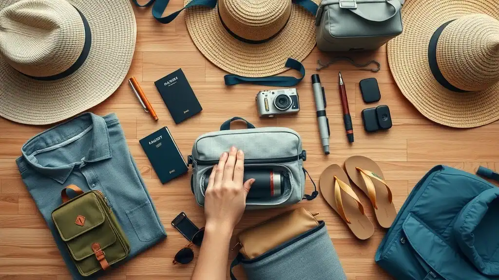 Organized flat lay of essential items for budget travel Thailand with clothing, water bottle, and travel gear