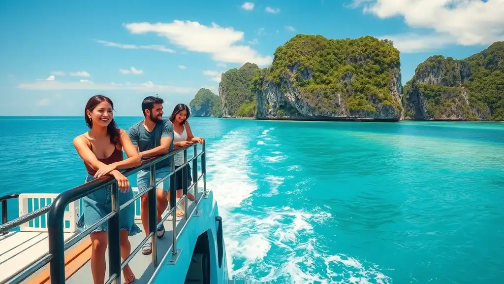 Scenic ferry on turquoise Thai waters—families and backpackers on deck, iconic of Thailand transportation options