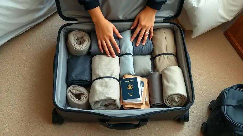 Expert Thailand travel packing list: organized open suitcase with packing cubes, hidden passport copy, travel documents, and rolled clothes in hotel room