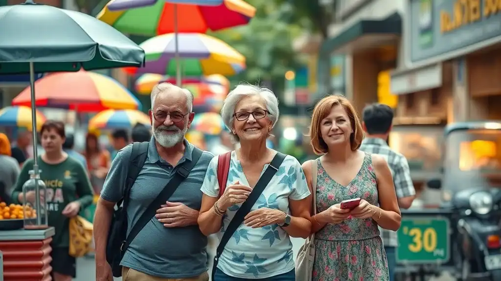 Thailand travel planning: Older travelers exploring vibrant Bangkok street markets with colorful umbrellas and food stalls