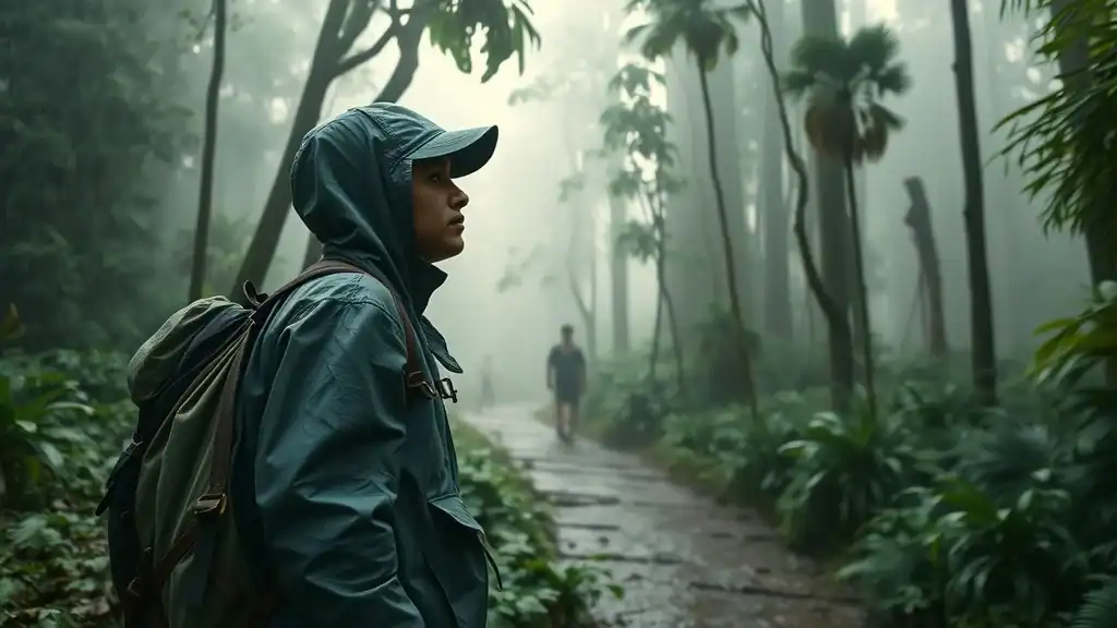 Adventure traveler hiking through rain-soaked rainforest during Malaysia adventure travel trip