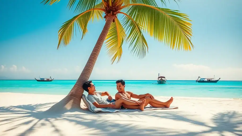 Sunny Thai beach landscape with couple lounging under a palm tree, perfect weather in Thailand