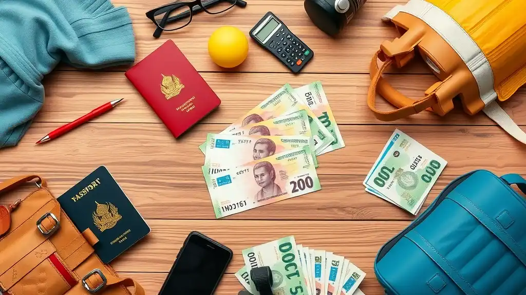 Colorful flat lay of travel essentials and Thai currency — organized stacks of baht passports travel gear calculator wood background studio lighting macro lens
