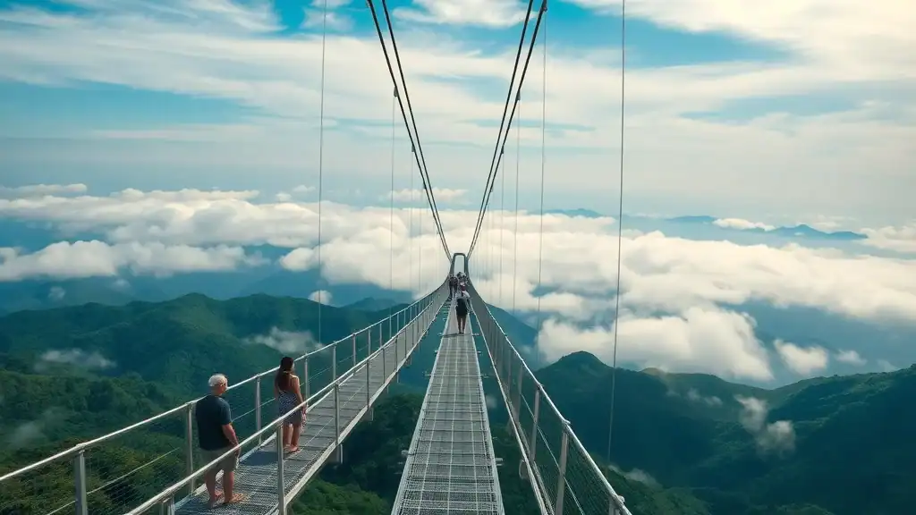Aerial view of Langkawi Sky Bridge with visitors, lush mountain ridges, jungles, cool greens and silvers, photorealistic atmospheric depth