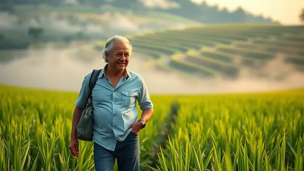 Serene mature traveler with local rice farmer in Bali rice field — Indonesia adventure travel
