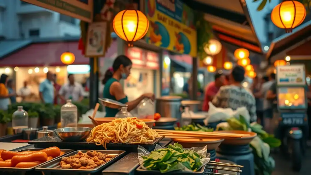 Thai street food stall serving aromatic pad thai and satay, vibrant and authentic: a key highlight in any tips for Thailand travel experience.