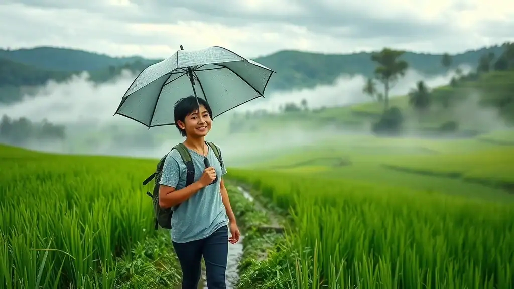 Lush green Thai landscape during rainy season with cheerful traveler admiring rice paddies, illustrates Thailand’s wet and peaceful off-peak vibe