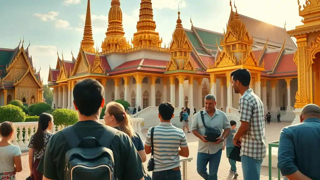 Majestic Grand Palace in Bangkok, awe-inspired tourists admiring intricate golden temple architecture, Thailand must-see attractions