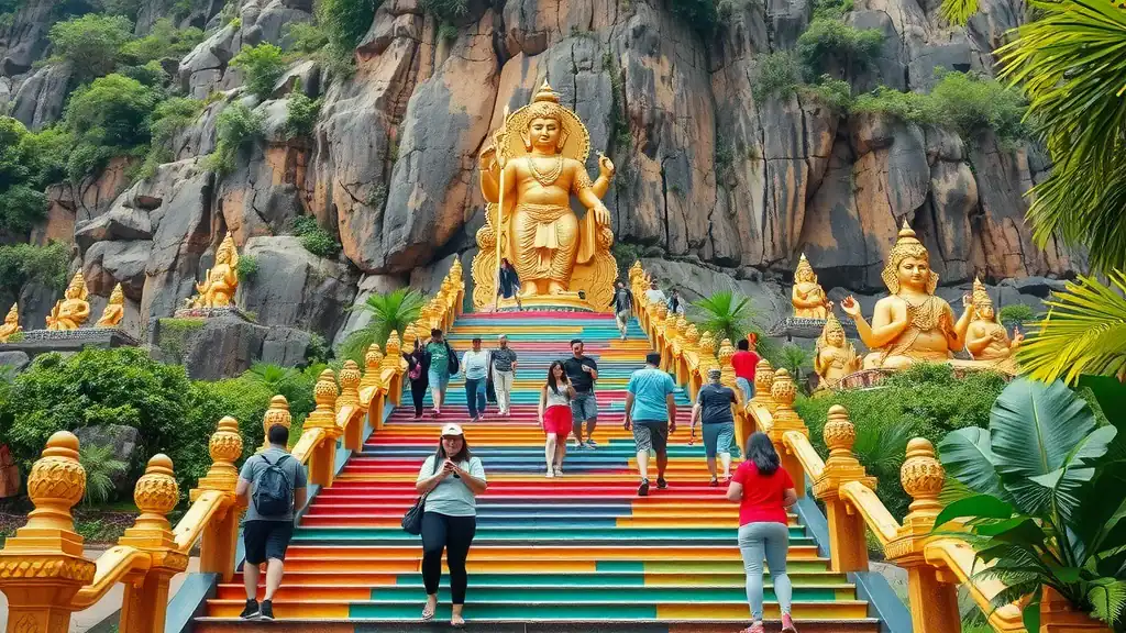 Colorful Batu Caves stairs and golden Lord Murugan statue, visitors ascending, dramatic limestone cliff with lush greenery and intricate statues, vivid rainbow steps, and tropical flora.