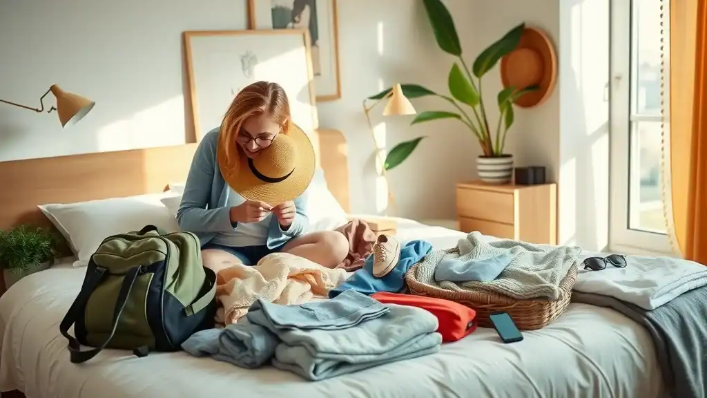 Traveler preparing Thailand travel packing list items: lightweight clothes, sunhat, travel gadgets, and day bag organized on a bed in a cozy, sunlit room with Thai accents