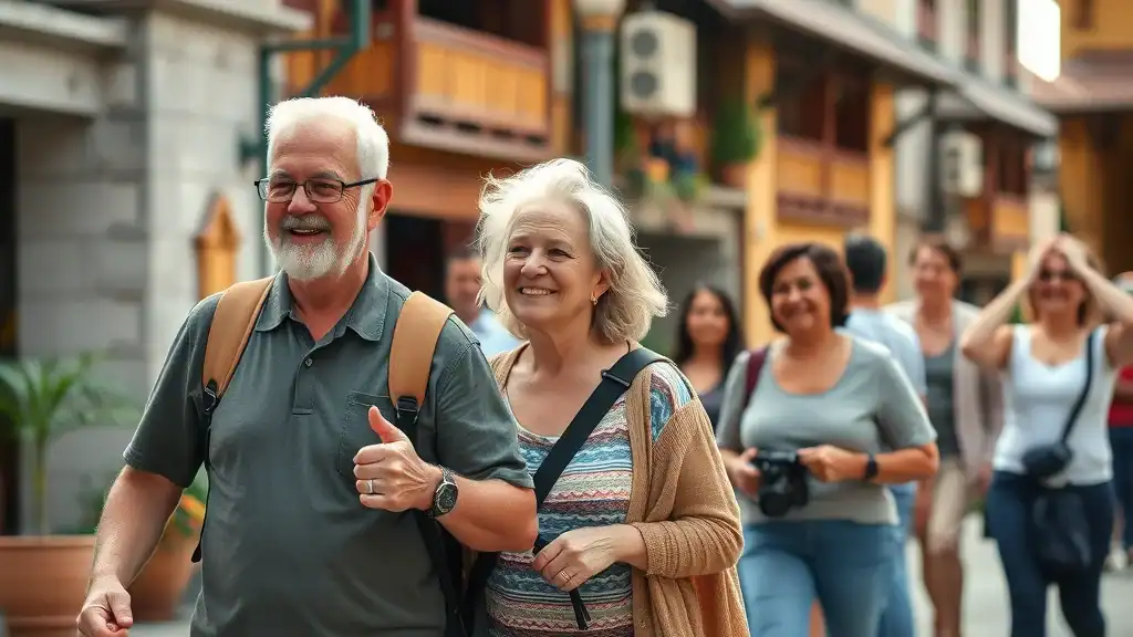 Older travelers on small group walking tour in southeast asia - cultural experience accessible travel photorealistic