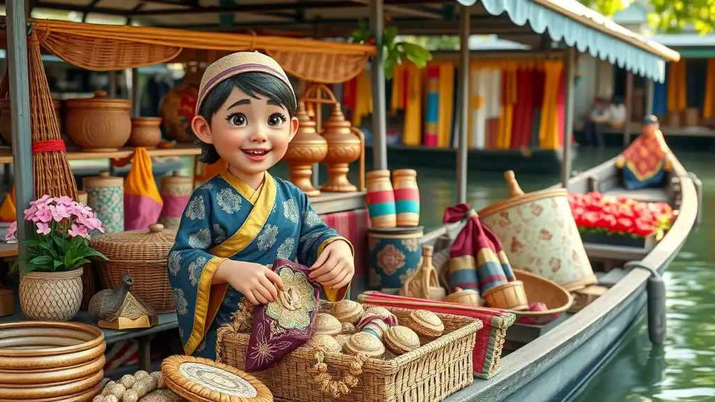 Lively floating market souvenir stall in Bangkok with seller displaying intricate Thai handicrafts and silk scarves on a boat.