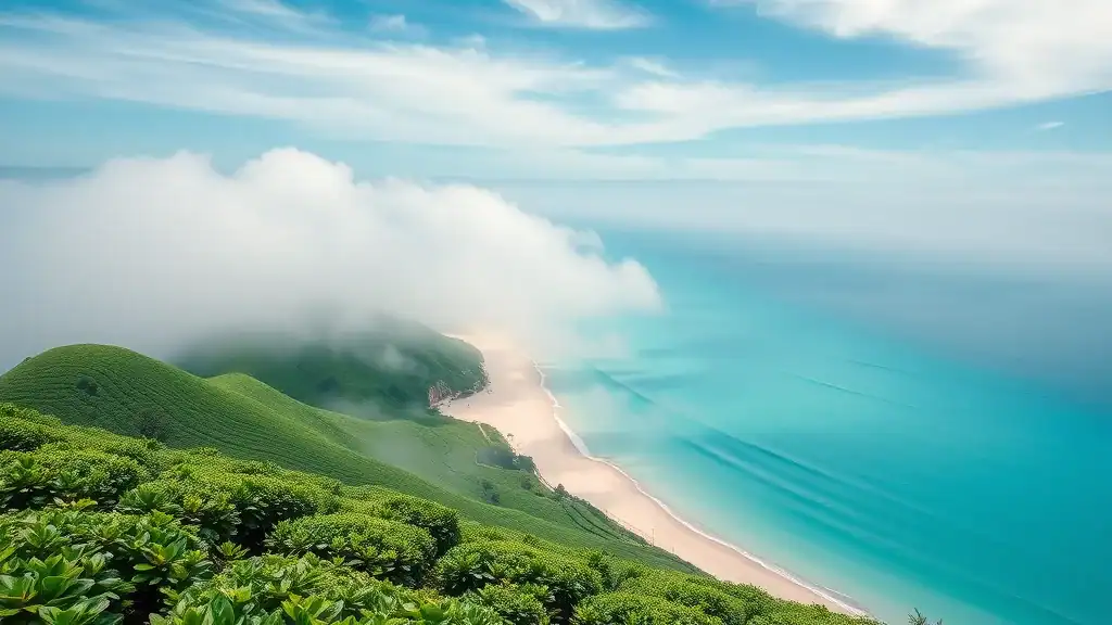 Dreamlike blend of Cameron Highlands tea fields and Perhentian Islands beach, serene, mist over tea fields, turquoise empty beach, photorealistic split-view