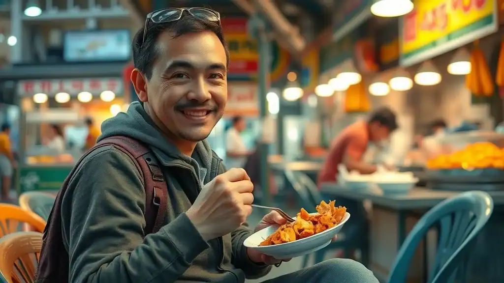 Budget traveler enjoying a simple meal at an outdoor Thai street food stall—budget travel Thailand