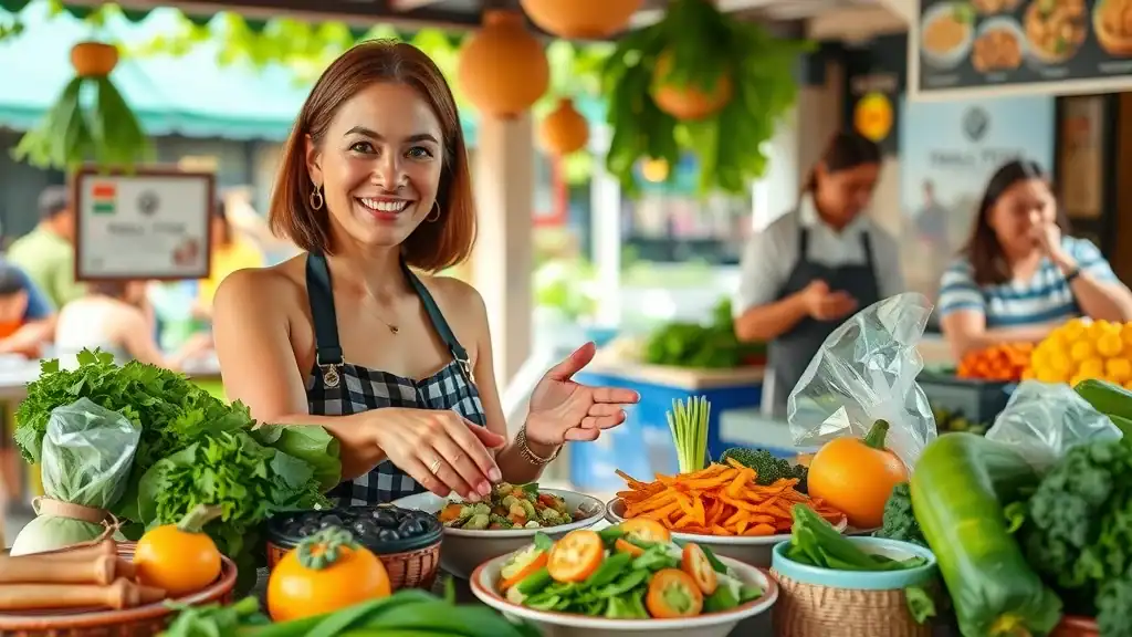 southeast asia local cuisine - Welcoming vegetarian Southeast Asian food spread, mature traveler requesting custom order in lively outdoor restaurant setting