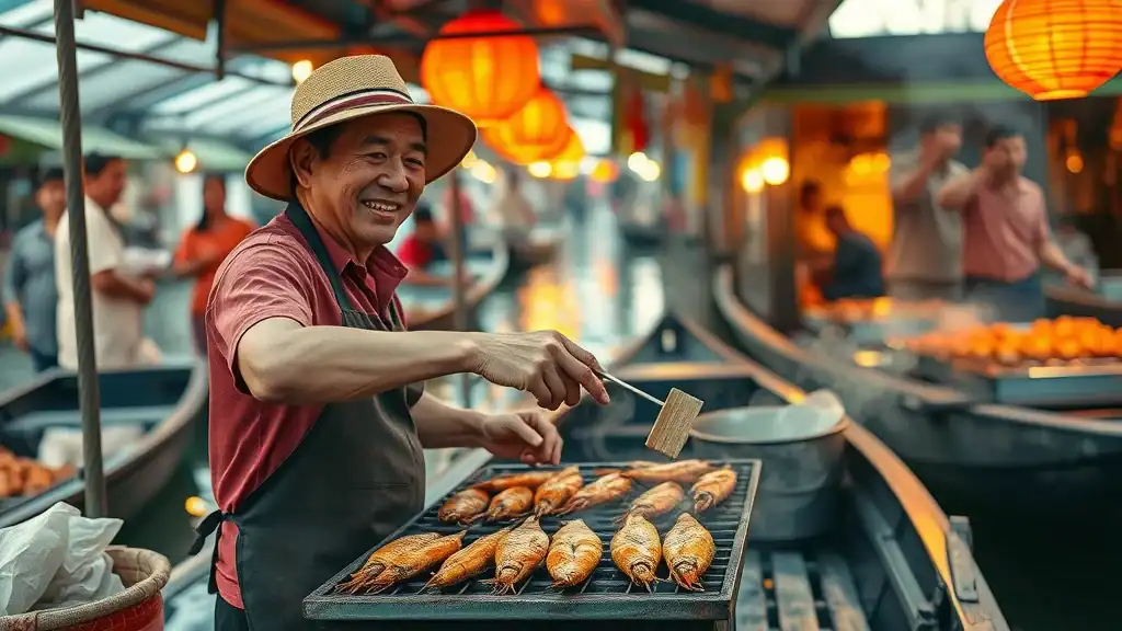 Inviting street food market at Lat Mayom Floating Market with joyful vendors preparing grilled seafood and handing food to visitors.