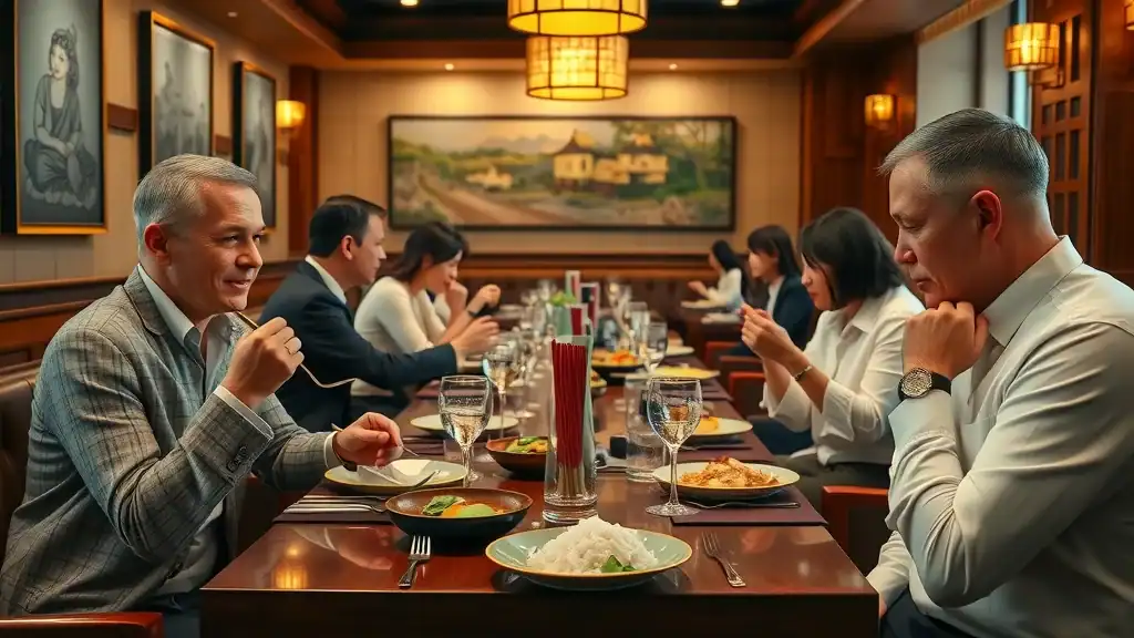 Sophisticated Thai restaurant table, diners using spoons and forks with green curry and jasmine rice, elegant setting - thai restaurants and etiquette