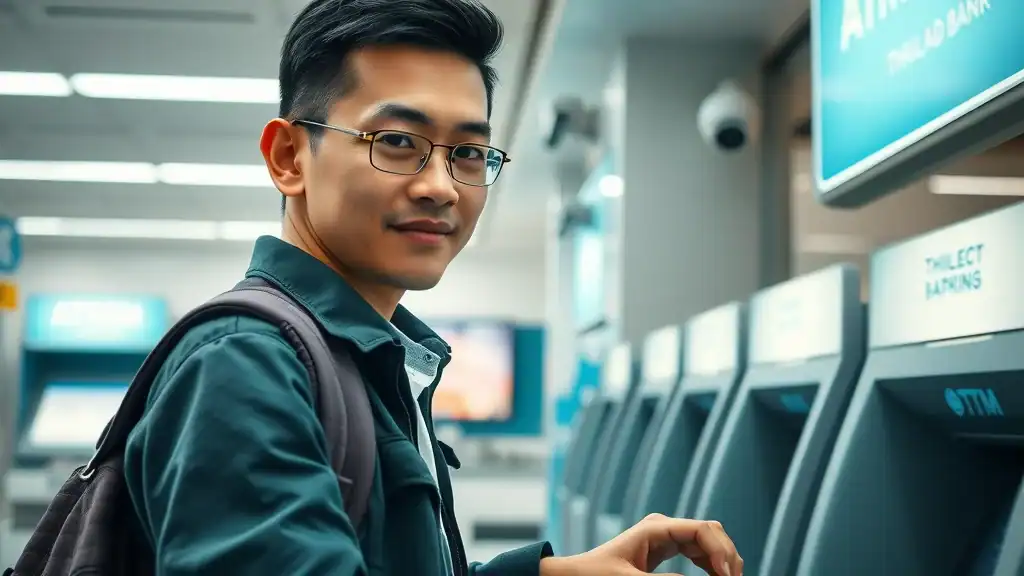 Traveler safeguarding PIN at ATM for money safety Thailand travel safety