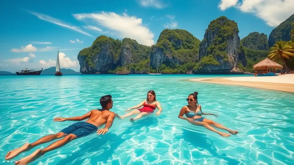 Stunning tropical Thai island beach — relaxed travelers turquoise water limestone cliffs palm trees boats anchored glossy water vibrant colors wide-angle lens