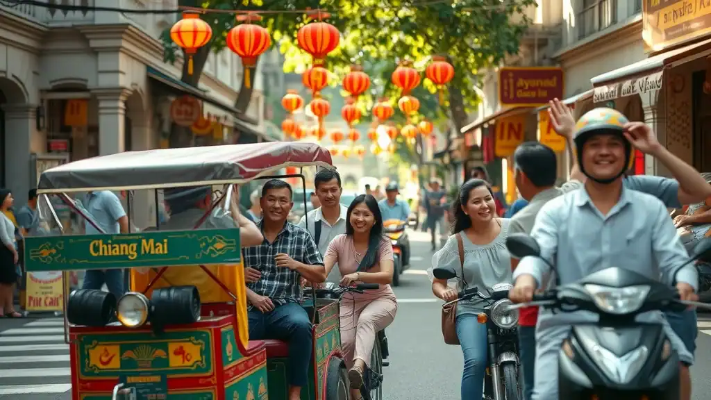 Authentic Chiang Mai street scene with tuk-tuks and motorbikes—a symbol of Thailand transportation options