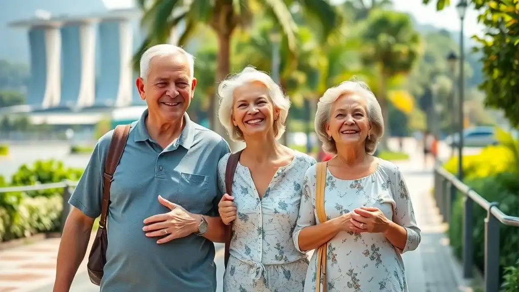 Senior couple walking in vibrant Singapore cityscape with Marina Bay Sands and lush greenery, embodying singapore travel tips for mature travelers
