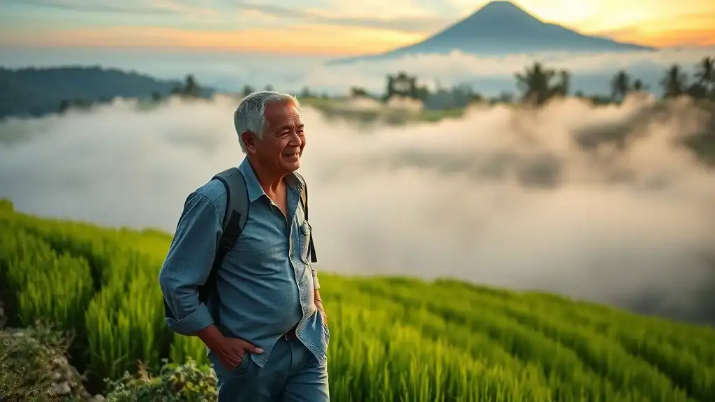 Serene early morning Bali rice terraces showcasing a peaceful mature traveler exploring hidden gems away from tourist crowds.