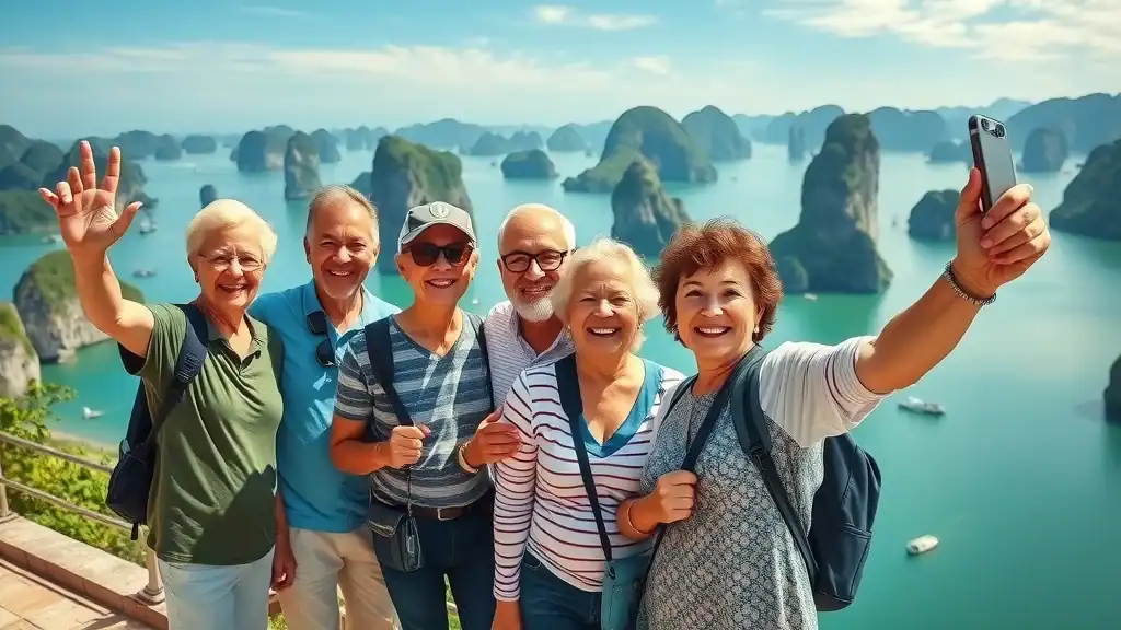 Happy group of mature travelers at a viewpoint overlooking a Southeast Asian bay with iconic limestone islets and emerald water, capturing the joy of traveling at the best time to visit Southeast Asia