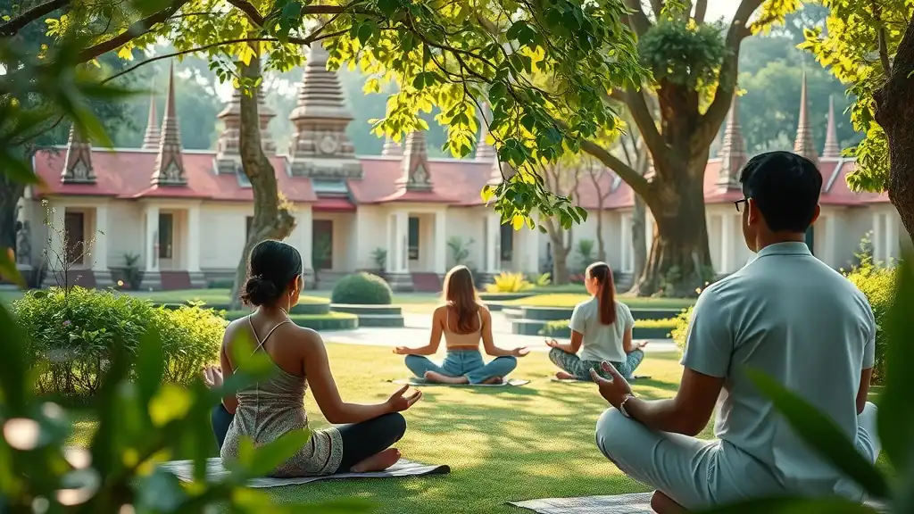 Peaceful meditation garden at Wat Mahathat with locals in group meditation, serene leafy courtyard — wat mahathat meditation bangkok temples