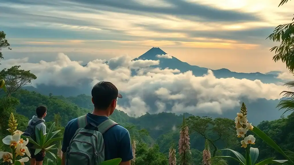 Lush Kinabalu Park landscape—hikers observing misty Mount Kinabalu and rare orchids, photorealistic rainforests and peaks with swirling mist under sunrise lighting