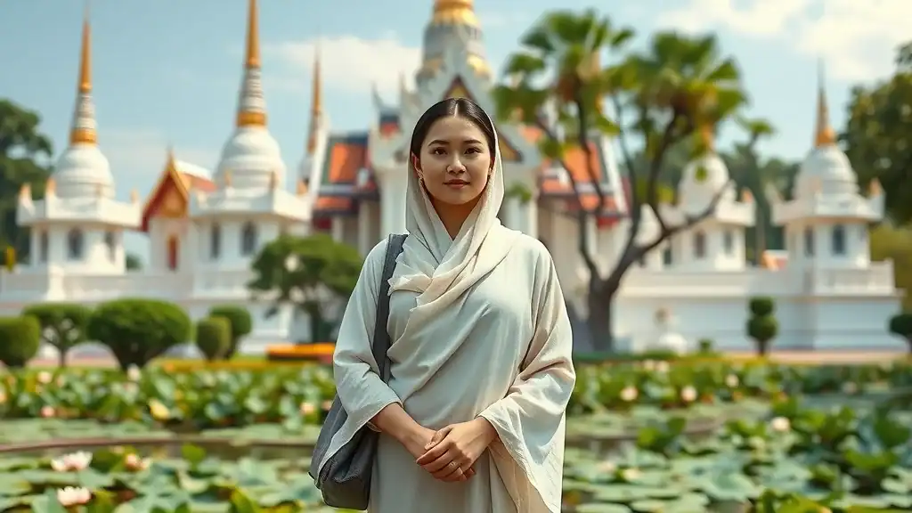 Respectful traveler dressed modestly in front of a magnificent Thai temple, embodying proper decorum in Thailand cultural etiquette