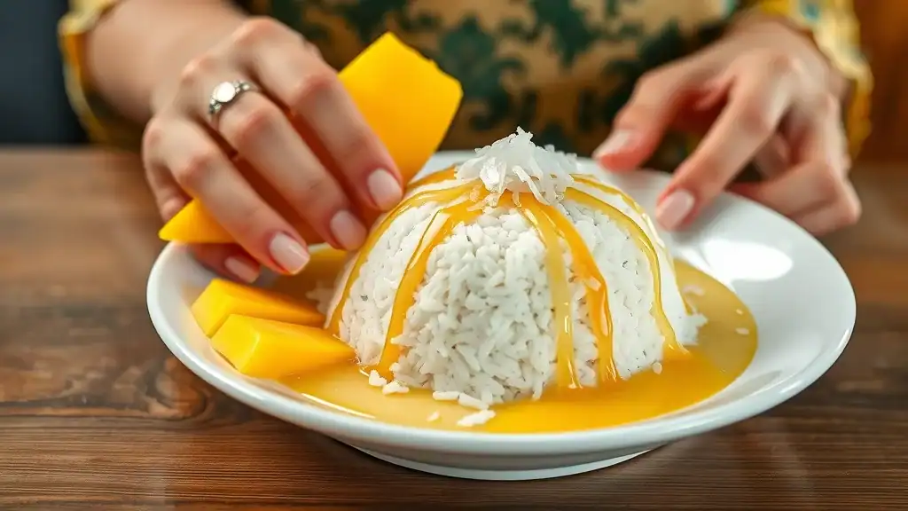 Thai sticky rice with mango, delicately plated with coconut drizzle, a popular Thai dessert