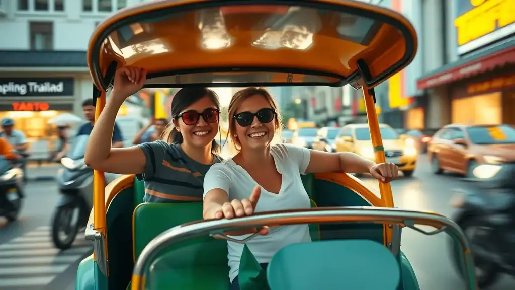 Classic tuk-tuk ride in Thailand with cheerful travelers through vibrant city streets. Thailand travel tips for transport.