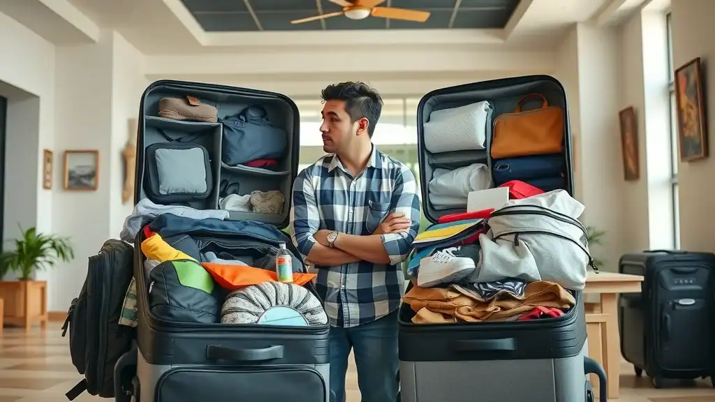 Thoughtful budget traveler packing methodically for malaysia budget travel in a hostel setting.