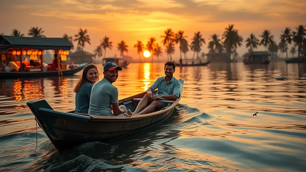 Serene boat ride at sunset through Khlong Lat Mayom Floating Market with travelers and illuminated lanterns.