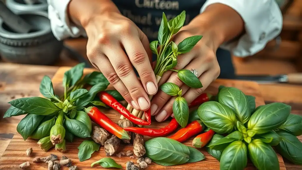 Perfectly arranged Thai herbs and spices, chef handling lemongrass, kaffir lime leaves, chili, and fresh basil on wooden board - thai dishes ingredients