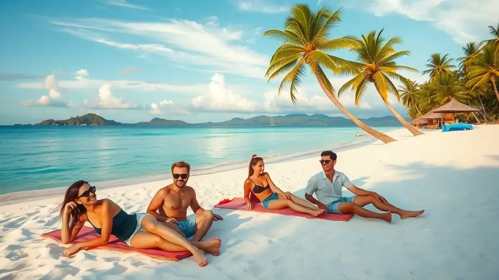 Tropical Koh Samui beach, relaxed tourists lounging on white sand, palm-fringed beach, Thailand must-see attractions, southern Thailand