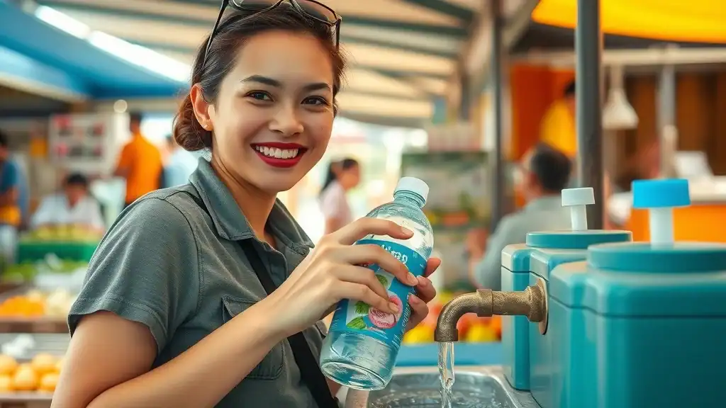 Eco-conscious traveler with reusable water bottle at filtered station in Thailand market, surrounded by colorful stalls and fresh produce