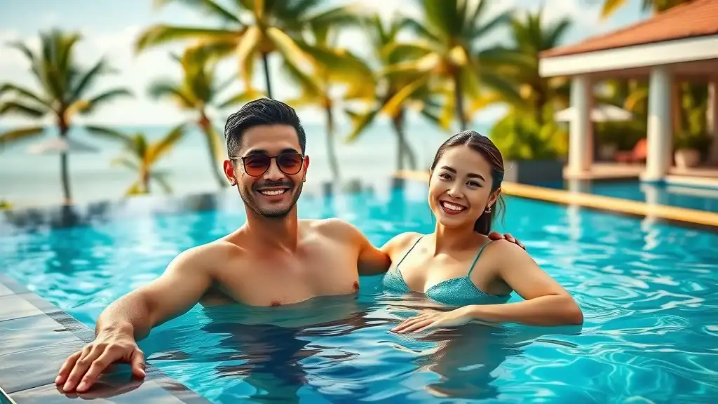 Luxury Thai resort with cheerful couple at infinity pool, illustrating premium travel in Thailand