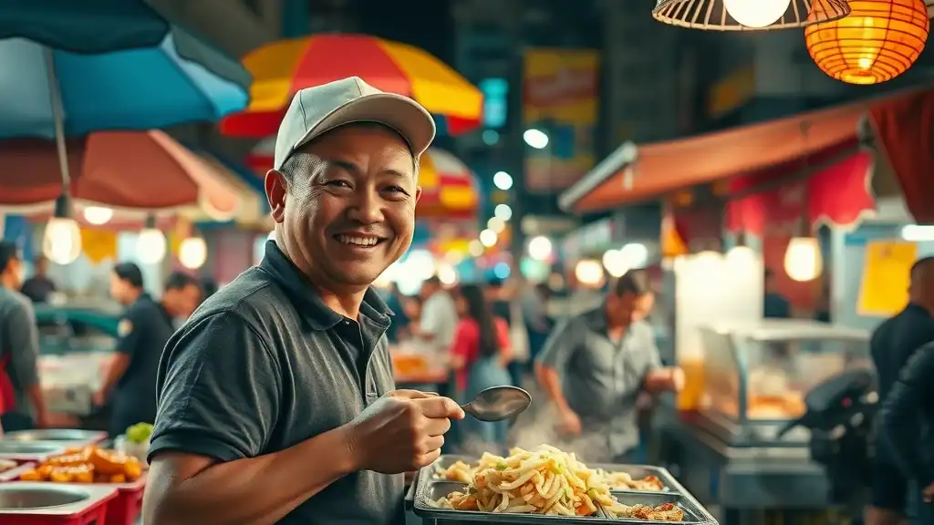 Friendly Penang street vendor serving street food at colorful night market, highlighting malaysia budget travel culinary joys.
