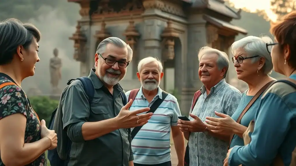 Friendly local guide leading mature travelers at a historical Southeast Asian temple, exemplifying the accessibility of Southeast Asia cultural tours for older visitors