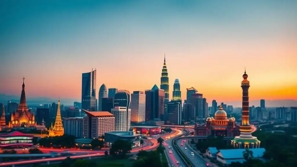 Skyline collage of Bangkok, Ho Chi Minh City, Kuala Lumpur, Manila, and Jakarta – the most popular destinations accessible by cheap flights Southeast Asia.