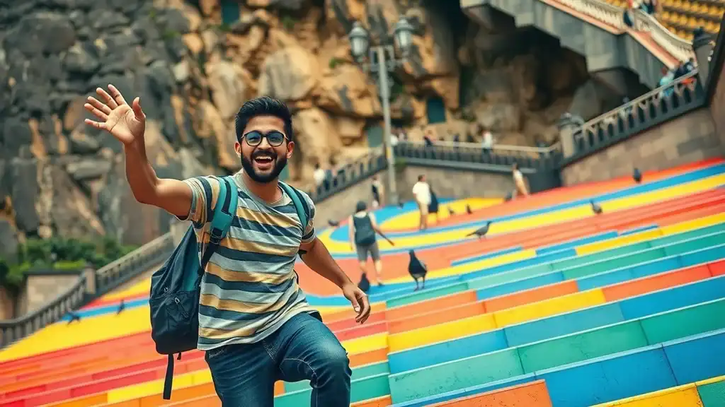 Traveler climbing vibrant stairs at Batu Caves, an awe-inspiring and affordable must-see on a malaysia budget travel trip.