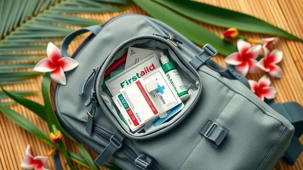 Mini first-aid kit organized for southeast asia travel essential - packing list retiree photorealistic