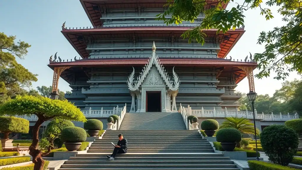 Loha Prasat at Wat Ratchanatdaram, tranquil solitude with a visitor meditating under iron spires — loha prasat bangkok temples