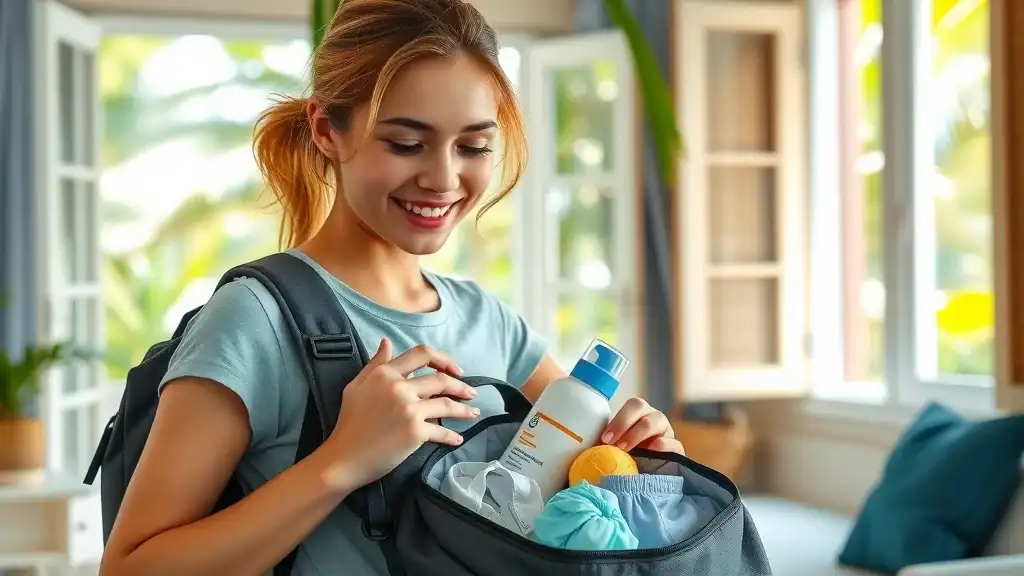 Practical travel preparation for Malaysia island hopping, female traveler packing sunscreen, reusable water bottle, and swimwear in a sunlit room with tropical greenery outside.