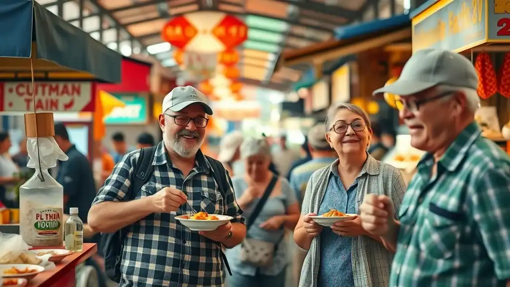 southeast asia local cuisine - Inviting bustling local food market, joyful older travelers sampling vibrant food stalls in an open-air Southeast Asian street market, bright awnings, steam rising from dishes, under afternoon sun
