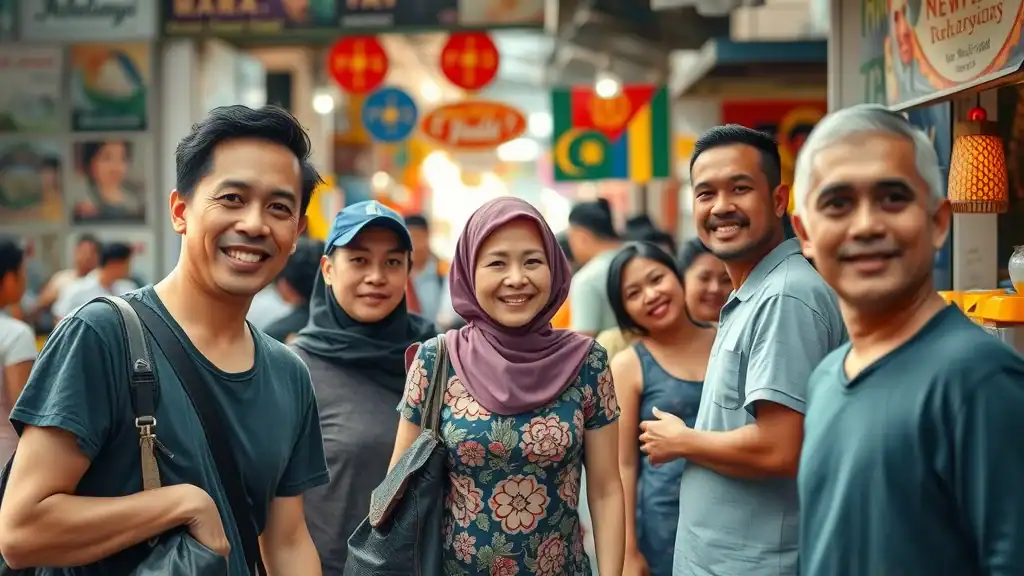 Malaysia cultural experiences - Multicultural Malaysian street scene with Malay, Chinese, and Indian locals at a colorful city market
