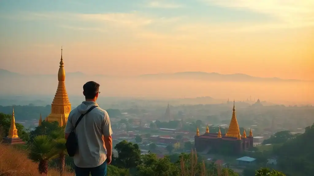 Serene sunrise over Chiang Mai temples, traveler gazing at golden chedis and misty mountains; an essential destination in any tips for Thailand travel guide.